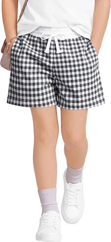 Toddler Girls' Gingham Shorts Plaid Cotton Elastic Waist Drawstring Baby Summer Kid Checkered Bottoms with Pockets in Kuwait