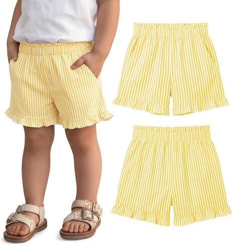 Yooo's Vivi Toddler Girls Gingham Shorts Striped Plaid Ruffle Hem Short Elastic Waist Summer Bottoms with Pockets Baby 18M-5T in Kuwait