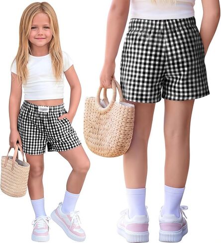 Toddler Girls' Gingham Shorts Baby Plaid Elastic Waist Summer Casual Beach Bottoms with Pockets in Kuwait