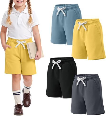 4 Pack Toddler Girls' Bermuda Shorts with Pockets Baby Kids' Cotton Running Athletic Drawstring Wide Leg Shorts in Kuwait