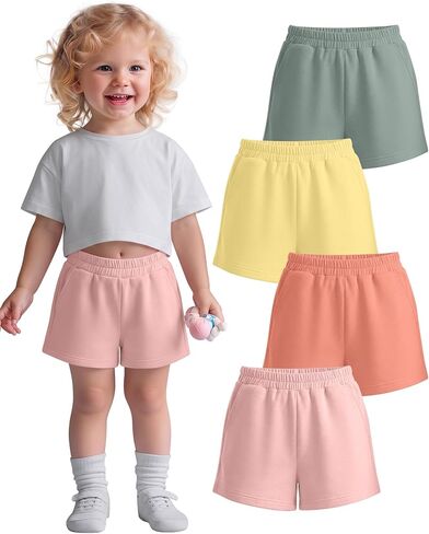 4 Pack Toddler Girls Shorts Summer Baggy Pull On Athletic Shorts Elastic Waist SweatShorts with Pockets, 18m-5t in Kuwait