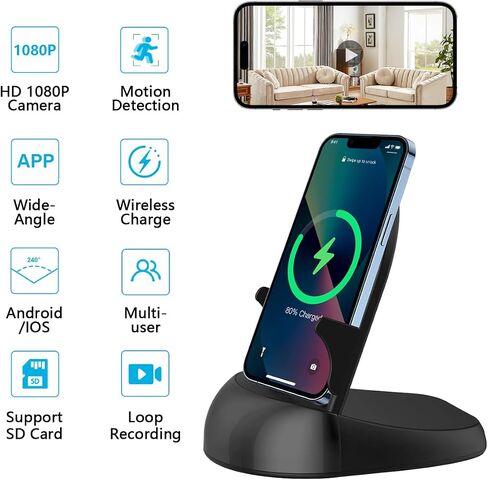 Security Camera WiFi Wireless Phone Charger, Security Cam Motion Activated,HD1080P(Rotate Lens) with 250°Viewing Angle, camaras espias ocultas for Home Office Security(2.4/5G) in Kuwait