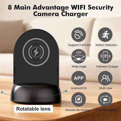 Security Camera WiFi Wireless Phone Charger, Security Cam Motion Activated,HD1080P(Rotate Lens) with 250°Viewing Angle, camaras espias ocultas for Home Office Security(2.4/5G) in Kuwait