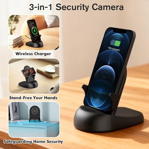 Security Camera WiFi Wireless Phone Charger, Security Cam Motion Activated,HD1080P(Rotate Lens) with 250°Viewing Angle, camaras espias ocultas for Home Office Security(2.4/5G) in Kuwait