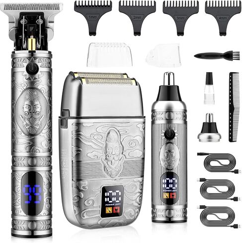 Saoilli Hair Clippers Set, Beard Trimmer Kit,Multi-Function Personal Care | Cordless T-Blade Trimmer,Nose Ear Hair Grooming Kit,Metal steel,Fast Charging,Electric Razor Shaver for Home & Barber Use in Kuwait