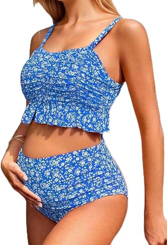Maternity High Waist Bikini Swimsuit Two Piece Ruffled Hem Cute Bathing Suit Floral Pregnancy Swimwear in Kuwait