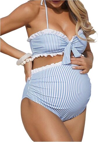 OYOANGLE Women's Maternity Striped Halter Swimsuits High Waisted Bikini Set Tie Front Bathing Suits in Kuwait