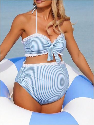OYOANGLE Women's Maternity Striped Halter Swimsuits High Waisted Bikini Set Tie Front Bathing Suits in Kuwait