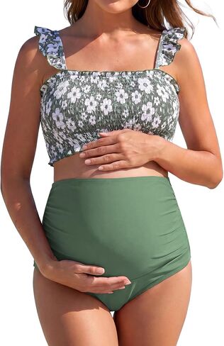 SHEKINI Women's Maternity High Waist Swimsuit Ruffled Cute Two Piece Bikini Set Bandeau Floral Pregnancy Swimwear in Kuwait
