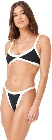 L*Space Mackenzie Bikini Bottom for Women, High-Leg Colorblock Swimsuit, Mid-Rise Ribbed Bathing Suit, Black & Cream, XS in Kuwait