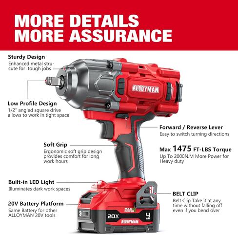 Alloyman Cordless Impact Wrench, 1475Ft-lbs (2000N.m) 1/2 High Torque Brushless Impact Gun, 20V Power Impact Driver, 4000mAh Battery,3 Sockets, Brushless Motor Variable Speeds for Car/Truck RV/Mower in Saudi Arabia