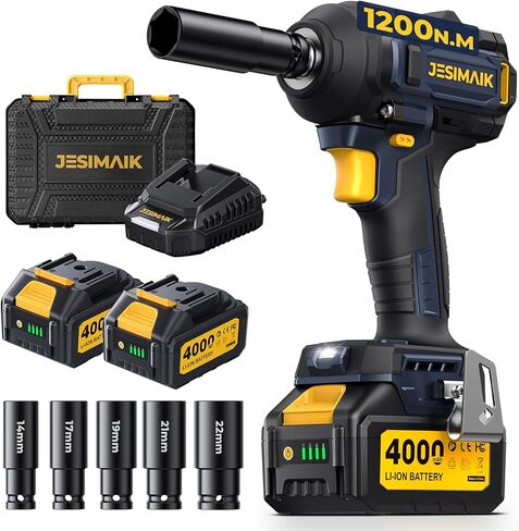 JESIMAIK Cordless Impact Wrench 1200N (900Ft-lbs) 1/2'' High Torque Impact Wrench with 2×4.0Ah Batteries, Impact Gun with 4impact modes & 5 Sockets & Case for Car, Truck, Mower in Kuwait
