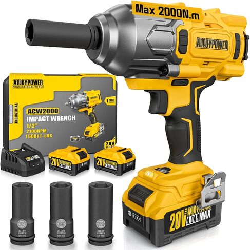 ALLOYPOWER Cordless Brushless Impact Wrench, 1500 ft-lbs (2000N.m), 1/2 High Torque power impact gun, 3-Mode Speed, 2*4000mAh Battery, 3 Sockets, Electric Impact Wrench Set for Car Tire Truck RV Mower in Saudi Arabia