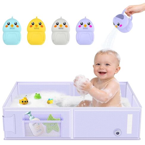 Collapsible Baby Bathtub, Foldable Toddler Bath Tub with Chick Pattern Bath Rinse Cup, No Assembly Portable Travel Bathtub for 6M-5Y, Ideal for Shower, Travel Essentials & Baby Registry Gift in Kuwait