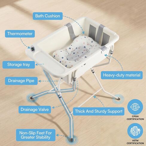Baby Bathtub with Stand,Collapsible Infant Bath Tub | Large Capacity Newborn Toddler Shower with Thermometer & Soft Cushion for Baby 0 to 36 Months in Kuwait