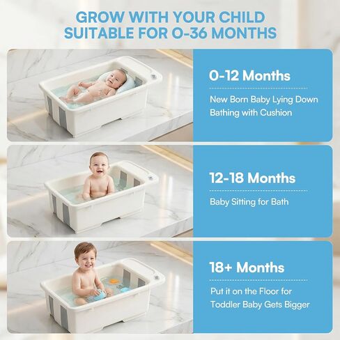 Baby Bathtub with Stand,Collapsible Infant Bath Tub | Large Capacity Newborn Toddler Shower with Thermometer & Soft Cushion for Baby 0 to 36 Months in Kuwait