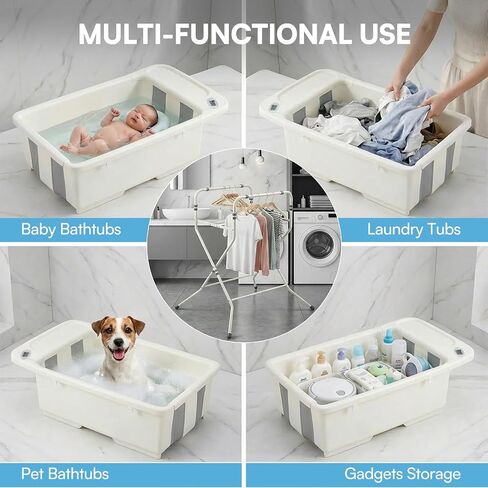 Baby Bathtub with Stand,Collapsible Infant Bath Tub | Large Capacity Newborn Toddler Shower with Thermometer & Soft Cushion for Baby 0 to 36 Months in Kuwait