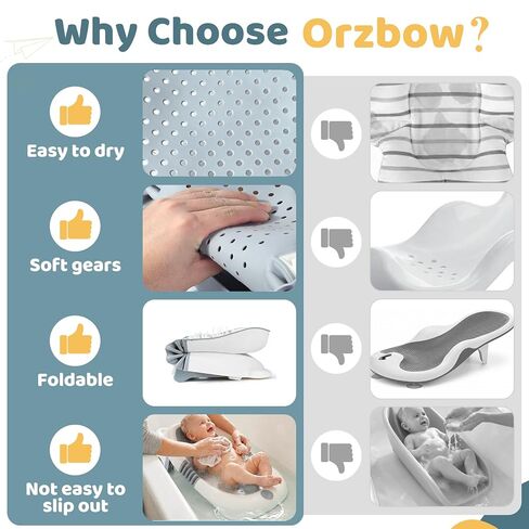 Orzbow Foldable Baby Bath Support for 0-6 Months, Ergonomic Design, Gray | Soft Newborn Bathtub , Non-Slip Baby Bath Tub with Suction Cups, Newborn Infant Bathing Essentials Must Haves in Kuwait