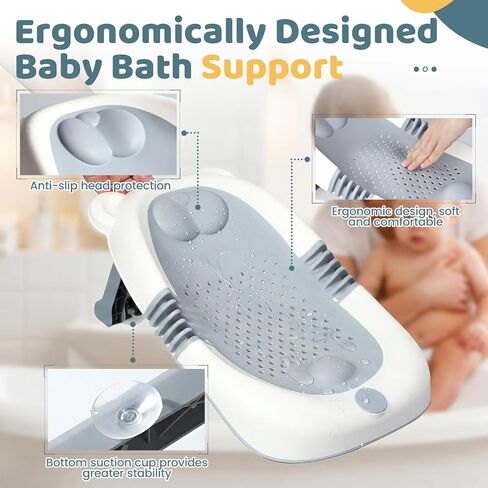 Orzbow Foldable Baby Bath Support for 0-6 Months, Ergonomic Design, Gray | Soft Newborn Bathtub , Non-Slip Baby Bath Tub with Suction Cups, Newborn Infant Bathing Essentials Must Haves in Kuwait