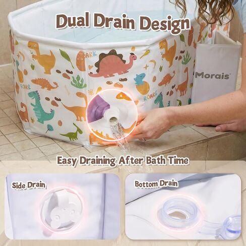 MORAIS Toddler Bathtub Collapsible & Portable, Foldable Baby Bath Tub for Shower & Travel, Dual Drain Plug with Thick Padded Bottom, Easy to Clean, Space-Saving Tub, 12 Months+ in Kuwait