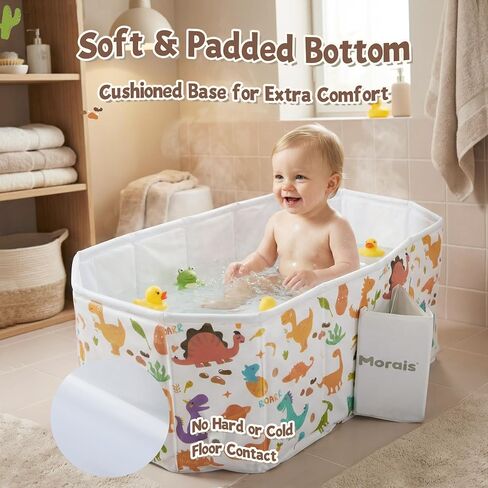 MORAIS Toddler Bathtub Collapsible & Portable, Foldable Baby Bath Tub for Shower & Travel, Dual Drain Plug with Thick Padded Bottom, Easy to Clean, Space-Saving Tub, 12 Months+ in Kuwait
