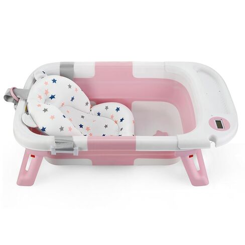 Baby Bathtub for Newborn Infant, Collapsible Baby Bathtub with Temperature Display & Soft Cushion, Infant to Toddler Bathtub, Portable Foldable Travel Bath Tub, 0-18 Months (Pink) in Kuwait