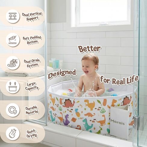 MORAIS Toddler Bathtub Collapsible & Portable, Foldable Baby Bath Tub for Shower & Travel, Dual Drain Plug with Thick Padded Bottom, Easy to Clean, Space-Saving Tub, 12 Months+ in Kuwait