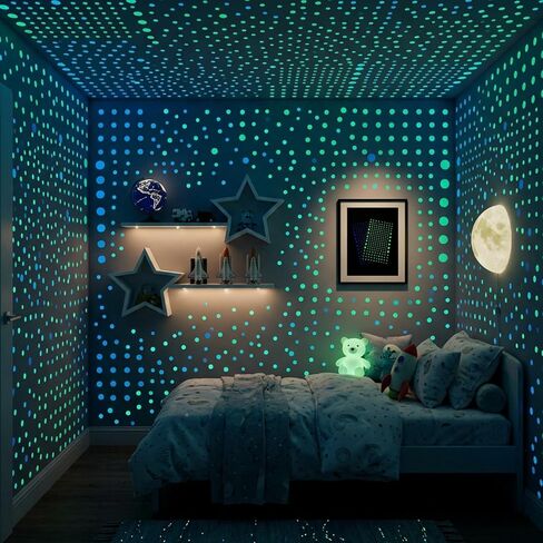 JJUNW 800 Pcs Glow in The Dark Stars for Ceiling, 3D Ceiling Stars Green and Sky Blue Glowing Wall Round Decor Stickers, Shining Decor Stickers for Bedding Room Birthday Gift in Kuwait