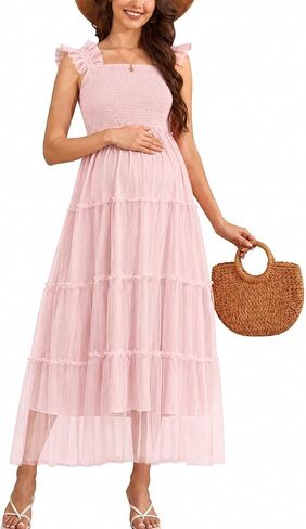 guruixu Smocked Tulle Maxi Maternity Dress for Photoshoot Baby Shower | Ruffle Straps, On or Off Shoulder, Square Neck Sleeveless A Line, Wedding Guest Formal Pregnancy Dress in Kuwait