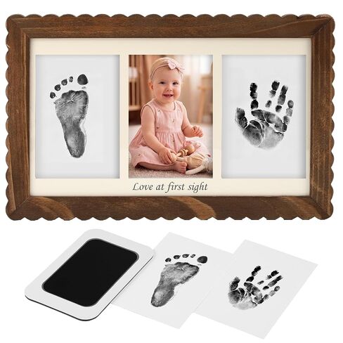SiliFine Hand and Footprint Kit Baby Handprint Footprint Frame Scalloped Edge Solid Wood Newborn Keepsake Frame Baby Shower Gift for Babys Registry Search, Pet Paw Print Impression Kit in Kuwait