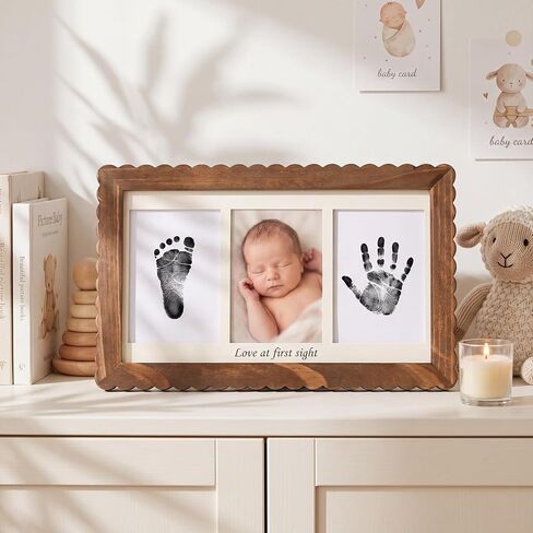 SiliFine Hand and Footprint Kit Baby Handprint Footprint Frame Scalloped Edge Solid Wood Newborn Keepsake Frame Baby Shower Gift for Babys Registry Search, Pet Paw Print Impression Kit in Kuwait