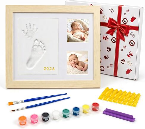 MICKYU Baby Hand and Footprint Kit, Clay Keepsake Frame | 8-Color Paints, Newborn Nursery Picture Frames, Personalized New Mom Gifts for Baby Shower & Registry, 9x11 in, Natural Wood in Kuwait