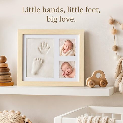 MICKYU Baby Hand and Footprint Kit, Clay Keepsake Frame | 8-Color Paints, Newborn Nursery Picture Frames, Personalized New Mom Gifts for Baby Shower & Registry, 9x11 in, Natural Wood in Kuwait
