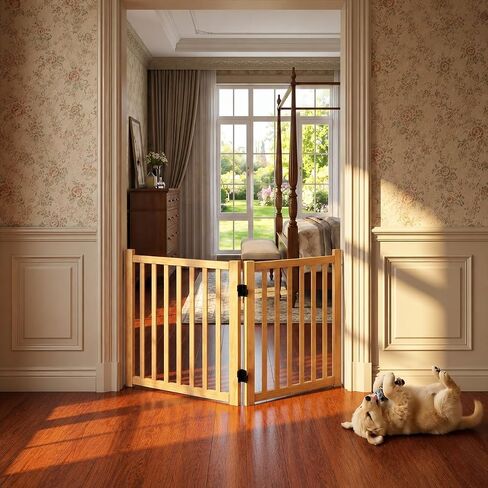 YOCAN Non-Painted Wood FreeStanding Pet Gate for Dogs,Wooden Dog Gates for Doorways, Stairs,The House, Dog Fences Indoor Puppy Gate-2 Panel H:23" in Kuwait