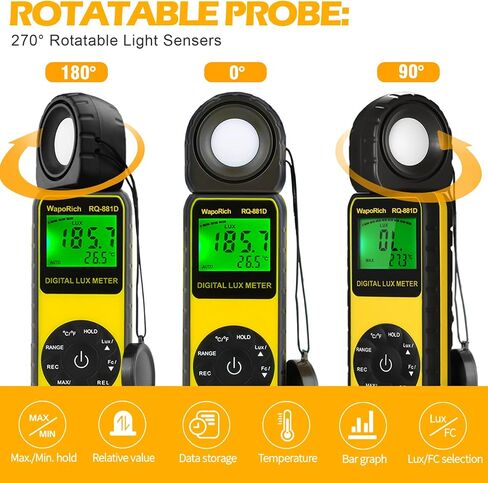 Light Meter Handheld Ambient Temperature Measures1-400,000 Lux/FC with 270° Rotatable Detector for All Visible Light, Industrial, Household, Plants and Photography - Calibration Certificate RQ-881D in Kuwait