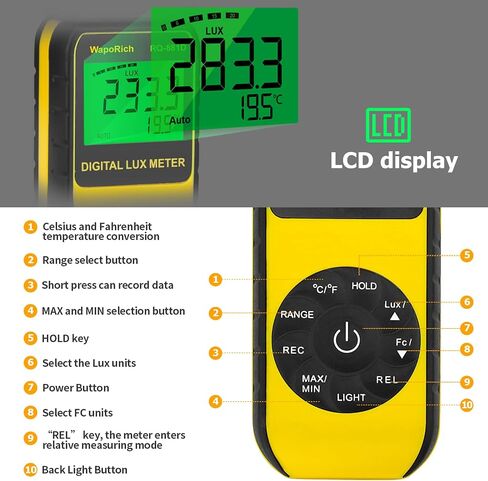 Light Meter Handheld Ambient Temperature Measures1-400,000 Lux/FC with 270° Rotatable Detector for All Visible Light, Industrial, Household, Plants and Photography - Calibration Certificate RQ-881D in Kuwait