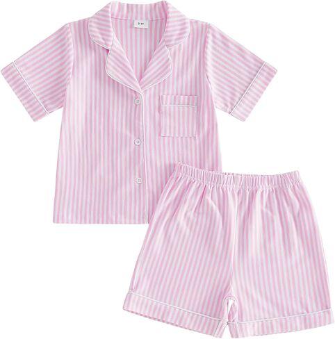 Multitrust Toddler Baby Girl Boy Cotton Pajamas Set Striped Short Sleeve Button Down Shirt and Shorts 2PCS Girls Sleep Sets in Kuwait