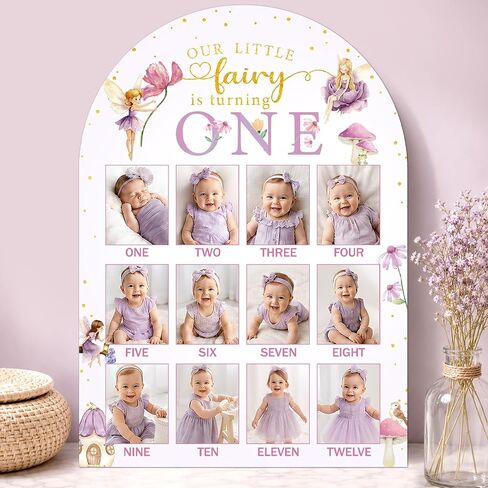 Our Little Fairy is Turning One Photo Board Fairy 1st Birthday Party Decoration Wooden Board 12 Month Milestone Picture Frame Purple 1st Birthday Photo Banner for Baby Girl Keepsake (Fit 2x2.8in Pic) in Kuwait