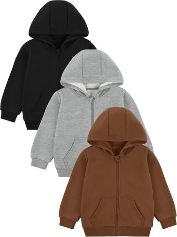 3 Pack Toddler Boys Full-Zip Fleece Hoodie Jackets Long Sleeve Sweatshirt with Front Pockets for Fall Winter in Kuwait