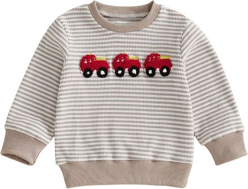 Bagilaanoe Toddler Baby Boy Long Sleeve Sweatshirt Waffle Knit Pullover Top | Crewneck, Duck/Firetruck Embroidered Shirt, Striped, Fall Winter Clothes for Boys, Hunting, Firefighter, Loose in Kuwait