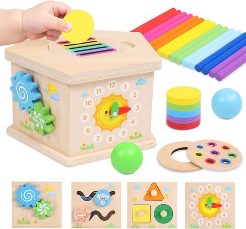 Wooden Activity Cube, 8-in-1 Montessori Toys for 1+ Year Old | Fine Motor Skills Developmental Learning Toys for Toddlers 1-3, First Birthday Gifts for Girls Boys in Kuwait