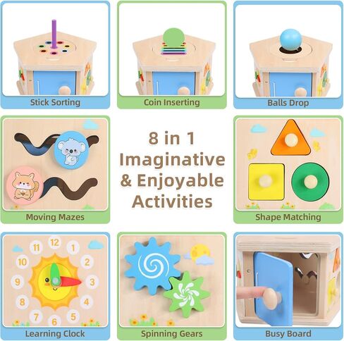 Wooden Activity Cube, 8-in-1 Montessori Toys for 1+ Year Old | Fine Motor Skills Developmental Learning Toys for Toddlers 1-3, First Birthday Gifts for Girls Boys in Kuwait