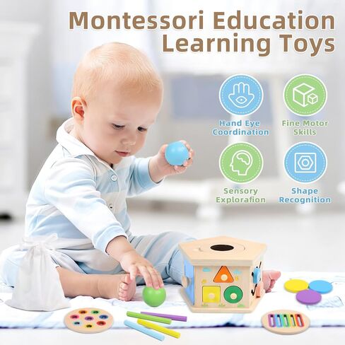 Wooden Activity Cube, 8-in-1 Montessori Toys for 1+ Year Old | Fine Motor Skills Developmental Learning Toys for Toddlers 1-3, First Birthday Gifts for Girls Boys in Kuwait