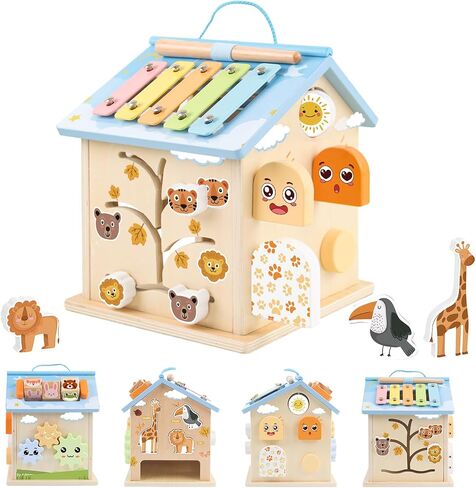 Wooden Activity Cube 8-in-1 Montessori Toys for 6 Months Old 1 2 3 Toddlers | Baby Activity Center Wood Cube Shape Sorter Educational Learning Boys Girls Birthday Gifts in Kuwait