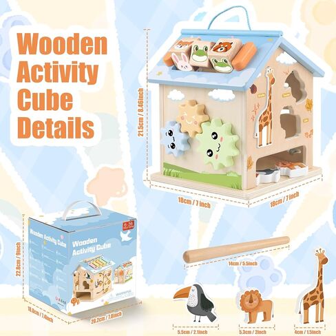 Wooden Activity Cube 8-in-1 Montessori Toys for 6 Months Old 1 2 3 Toddlers | Baby Activity Center Wood Cube Shape Sorter Educational Learning Boys Girls Birthday Gifts in Kuwait