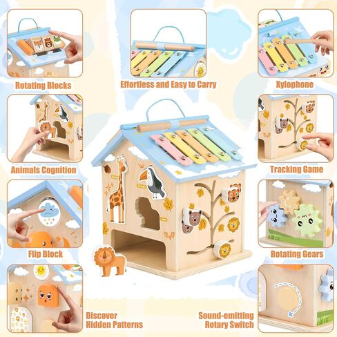 Wooden Activity Cube 8-in-1 Montessori Toys for 6 Months Old 1 2 3 Toddlers | Baby Activity Center Wood Cube Shape Sorter Educational Learning Boys Girls Birthday Gifts in Kuwait