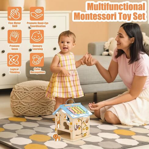 Wooden Activity Cube 8-in-1 Montessori Toys for 6 Months Old 1 2 3 Toddlers | Baby Activity Center Wood Cube Shape Sorter Educational Learning Boys Girls Birthday Gifts in Kuwait