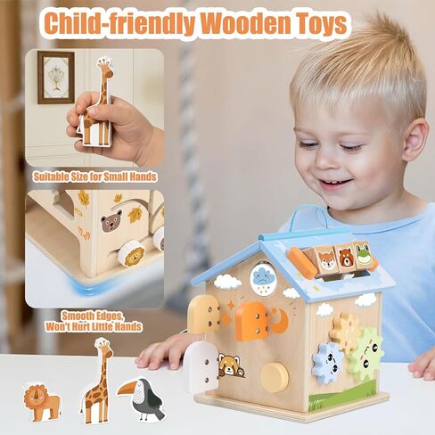 Wooden Activity Cube 8-in-1 Montessori Toys for 6 Months Old 1 2 3 Toddlers | Baby Activity Center Wood Cube Shape Sorter Educational Learning Boys Girls Birthday Gifts in Kuwait