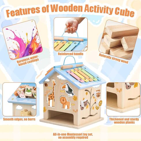 Wooden Activity Cube 8-in-1 Montessori Toys for 6 Months Old 1 2 3 Toddlers | Baby Activity Center Wood Cube Shape Sorter Educational Learning Boys Girls Birthday Gifts in Kuwait