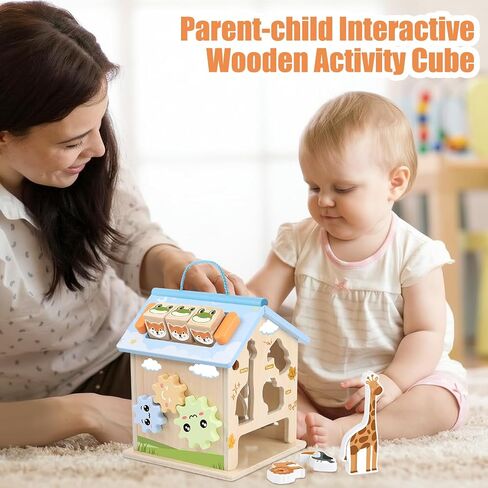 Wooden Activity Cube 8-in-1 Montessori Toys for 6 Months Old 1 2 3 Toddlers | Baby Activity Center Wood Cube Shape Sorter Educational Learning Boys Girls Birthday Gifts in Kuwait
